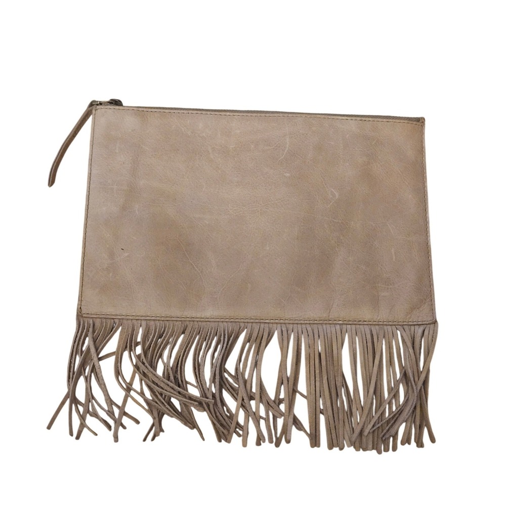 Madewell Tan Leather Fringe Zip Clutch‎ Boho Western Pouch